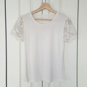 Cream Top with Sheer Floral Sleeves S